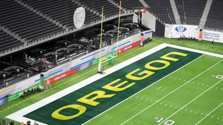 Dec 3, 2021; Las Vegas, NV, USA; A detailed view of the Oregon Ducks logo in the end zone at Allegiant Stadium before the 2021 Pac-12 Championship Game between Oregon and the Utah Utes. Mandatory Credit: Kirby Lee-USA TODAY Sports