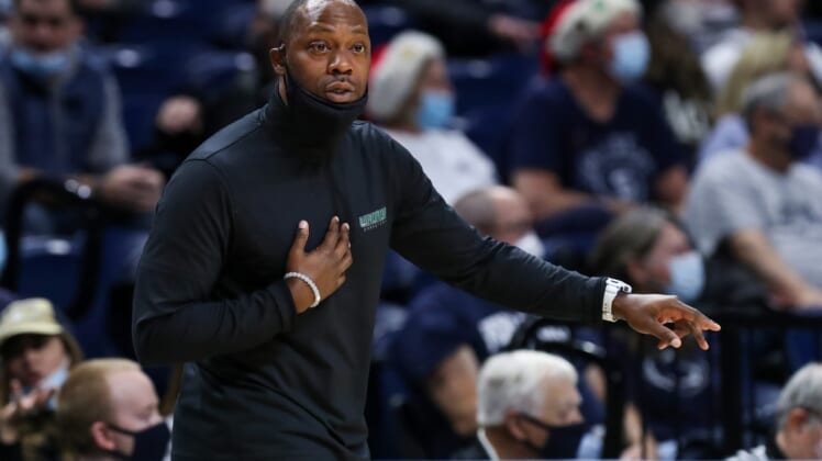 Dec 8, 2021; University Park, Pennsylvania, USA; Wagner Seahawks head coach Bashir Mason gestures from the bench during the first half against the Penn State Nittany Lions at Bryce Jordan Center. Penn State defeated Wagner 74-54. Mandatory Credit: Matthew OHaren-USA TODAY Sports