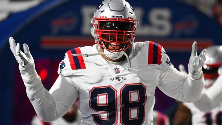 Dec 6, 2021; Orchard Park, New York, USA; New England Patriots defensive tackle Carl Davis (98) gestures to the crowd prior to the game against the Buffalo Bills at Highmark Stadium. Mandatory Credit: Rich Barnes-USA TODAY Sports
