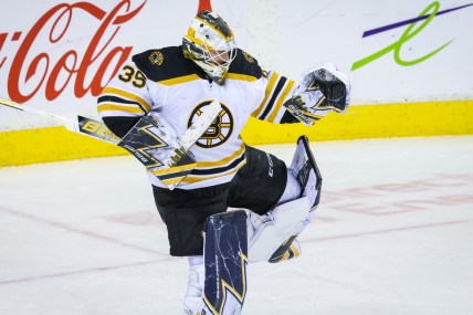 Dec 11, 2021; Calgary, Alberta, CAN; Boston Bruins goaltender Linus Ullmark (35) celebrate win over Calgary Flames at Scotiabank Saddledome. Mandatory Credit: Sergei Belski-USA TODAY Sports