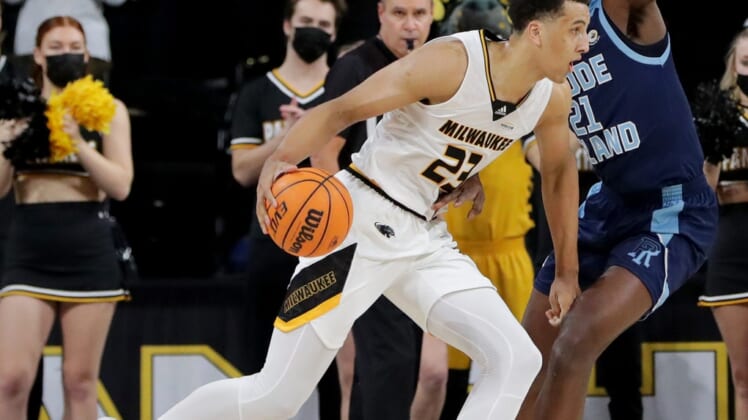 UW-Milwaukee guard Patrick Baldwin Jr. (23) drives along the baseline during the first half of their game against Rhode Island Monday, December 13, 2021 at UW-Milwaukee Panther Arena in Milwaukee, Wis.Pantmen14 11