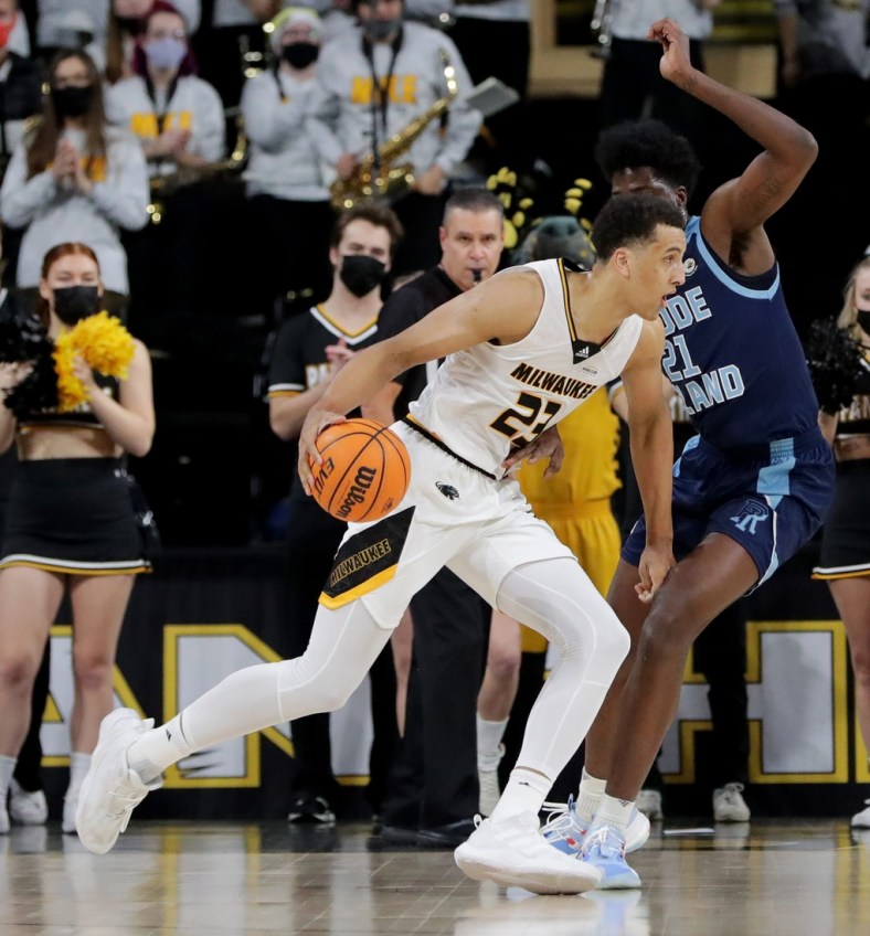 UW-Milwaukee guard Patrick Baldwin Jr. (23) drives along the baseline during the first half of their game against Rhode Island Monday, December 13, 2021 at UW-Milwaukee Panther Arena in Milwaukee, Wis.

Pantmen14 11
