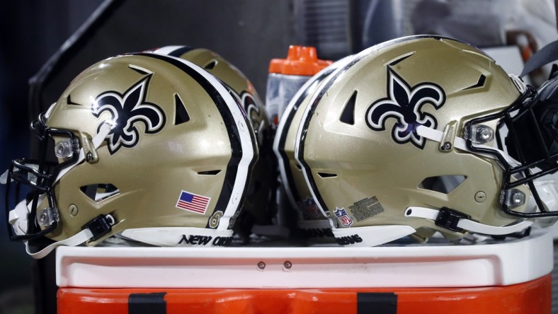 Dec 19, 2021; Tampa, Florida, USA; A detail view of New Orleans Saints helmets against the Tampa Bay Buccaneers during the second half at Raymond James Stadium. Mandatory Credit: Kim Klement-USA TODAY Sports