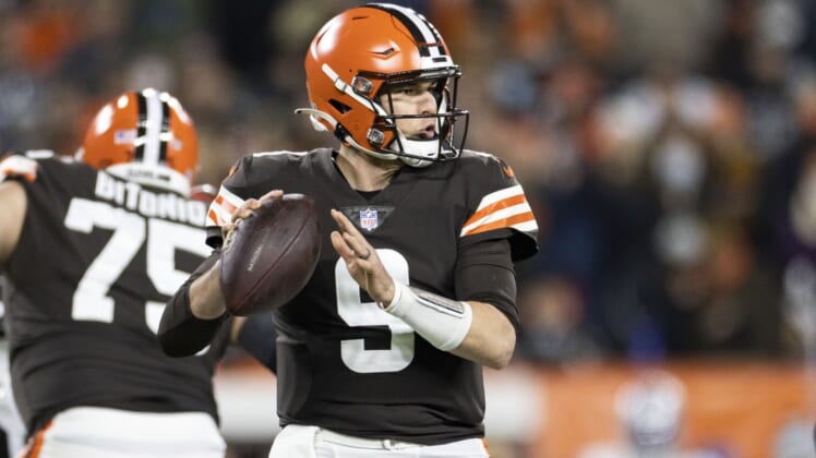 Dec 20, 2021; Cleveland, Ohio, USA; Cleveland Browns quarterback Nick Mullens (9) looks for an available receiver against the Las Vegas Raiders during the second quarter at FirstEnergy Stadium. Mandatory Credit: Scott Galvin-USA TODAY Sports