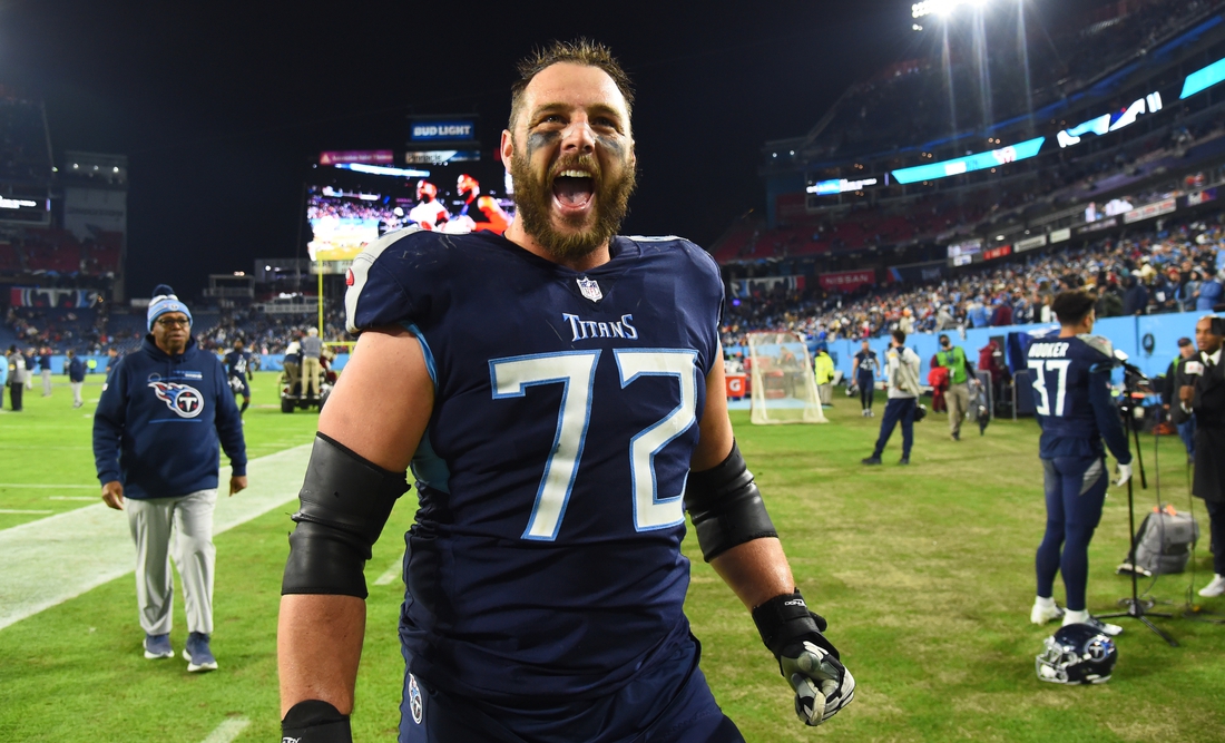 Dec 23, 2021; Nashville, Tennessee, USA; Tennessee Titans offensive tackle David Quessenberry (72) celebrates after a win against the San Francisco 49ers at Nissan Stadium. Mandatory Credit: Christopher Hanewinckel-USA TODAY Sports
