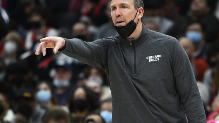 Jan 1, 2022; Washington, District of Columbia, USA; Chicago Bulls coach Chris Fleming gestures against the Washington Wizards during the second half at Capital One Arena. Mandatory Credit: Brad Mills-USA TODAY Sports
