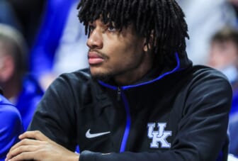 Kentucky's Shaedon Sharpe watched the Wildcats from the bench Saturday night at Rupp Arena. January 8, 2022.Kentucky Vs Georgia Jan 8 2022