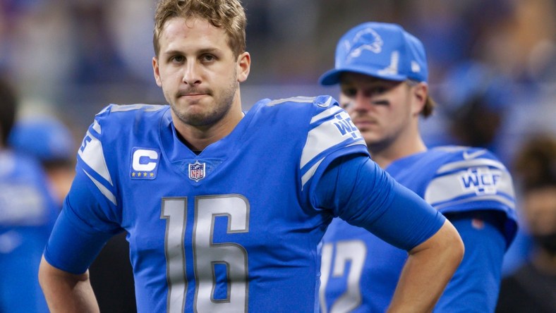 Dec 19, 2021; Detroit, Michigan, USA; Detroit Lions quarterback Jared Goff (16) looks on from the sidelines during the fourth quarter against the Arizona Cardinals at Ford Field. Mandatory Credit: Raj Mehta-USA TODAY Sports