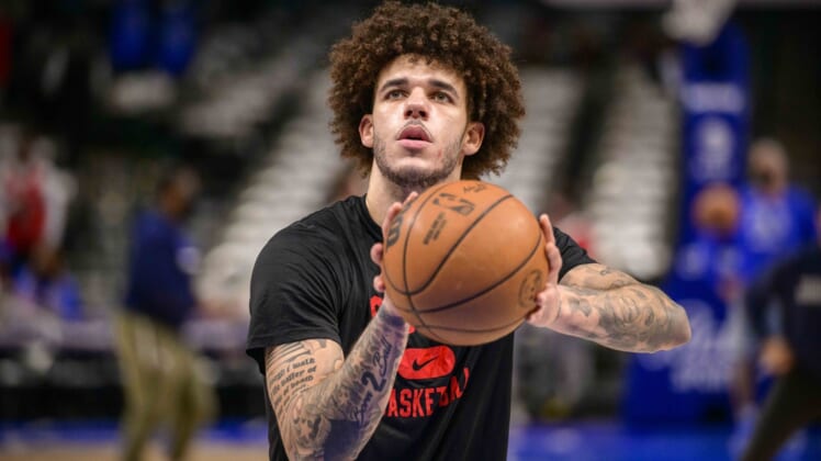 Jan 9, 2022; Dallas, Texas, USA; Chicago Bulls guard Lonzo Ball (2) warms up before the game against the Dallas Mavericks at the American Airlines Center. Mandatory Credit: Jerome Miron-USA TODAY Sports