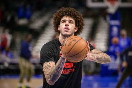 Jan 9, 2022; Dallas, Texas, USA; Chicago Bulls guard Lonzo Ball (2) warms up before the game against the Dallas Mavericks at the American Airlines Center. Mandatory Credit: Jerome Miron-USA TODAY Sports