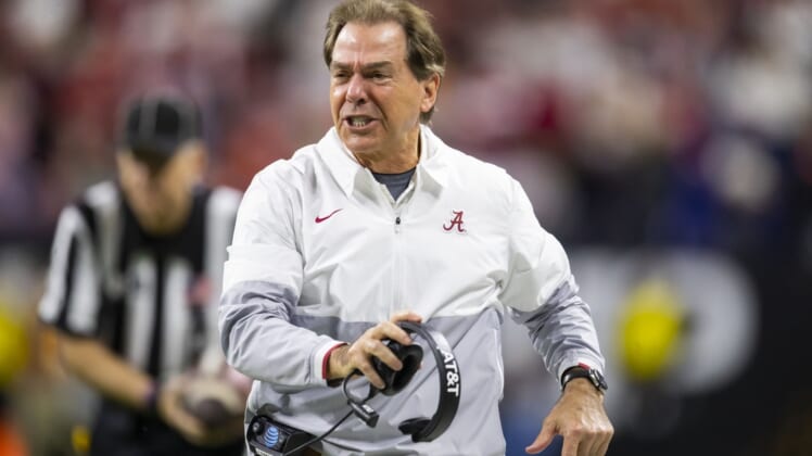 Jan 10, 2022; Indianapolis, IN, USA; Alabama Crimson Tide head coach Nick Saban reacts against the Georgia Bulldogs in the 2022 CFP college football national championship game at Lucas Oil Stadium. Mandatory Credit: Mark J. Rebilas-USA TODAY Sports