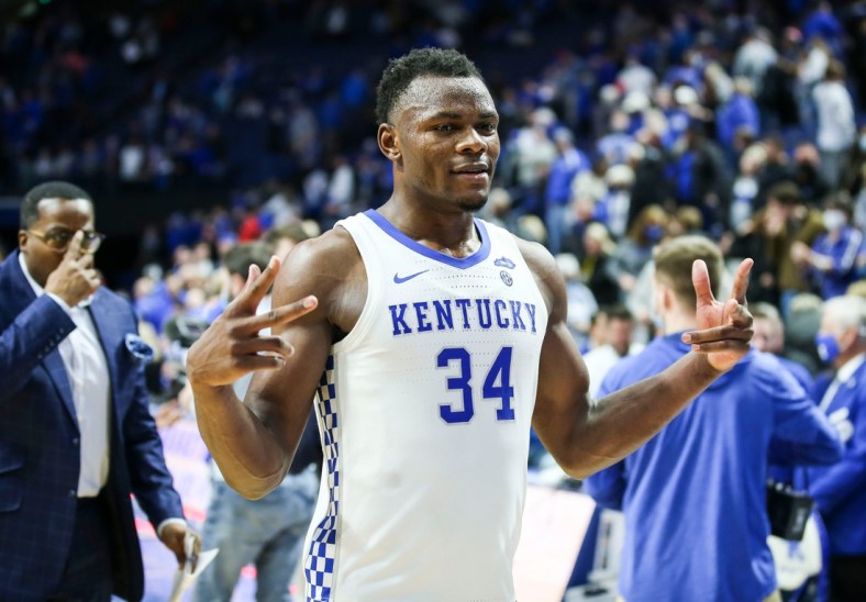 Kentucky's Oscar Tshiebwe walks off the court after the Wildcats defeated Georgia 92-77 Saturday night. The junior forward had his 12th double-double in 15 games with 29 points and 17 rebounds. January 8, 2022.

Kentucky Vs Georgia Jan 8 2022