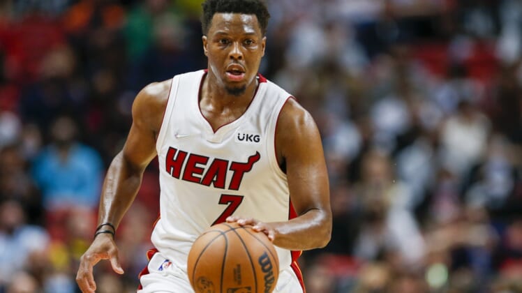 Jan 14, 2022; Miami, Florida, USA; Miami Heat guard Kyle Lowry (7) dribbles the ball down the court during the second quarter of the game against the Atlanta Hawks at FTX Arena. Mandatory Credit: Sam Navarro-USA TODAY Sports