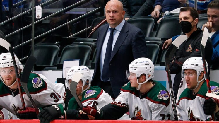 Jan 14, 2022; Denver, Colorado, USA; Arizona Coyotes head coach Andr   Tourigny looks on in the second period against the Colorado Avalanche at Ball Arena. Mandatory Credit: Isaiah J. Downing-USA TODAY Sports