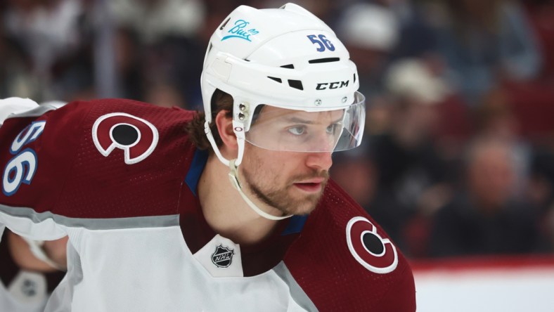 Jan 15, 2022; Glendale, Arizona, USA; Colorado Avalanche defenseman Kurtis MacDermid (56) against the Arizona Coyotes at Gila River Arena. Mandatory Credit: Mark J. Rebilas-USA TODAY Sports