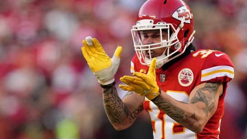 Jan 30, 2022; Kansas City, Missouri, USA; Kansas City Chiefs free safety Tyrann Mathieu (32) reacts after a play against the Cincinnati Bengals during the third quarter of the AFC Championship Game at GEHA Field at Arrowhead Stadium. Mandatory Credit: Jay Biggerstaff-USA TODAY Sports