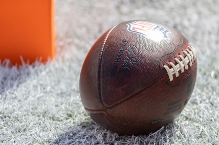 Jan 23, 2022; Tampa, Florida, USA; An official NFL football sits in the endzone before the game between the Tampa Bay Buccaneers and the Los Angeles Rams during a NFC Divisional playoff football game at Raymond James Stadium. Mandatory Credit: Matt Pendleton-USA TODAY Sports