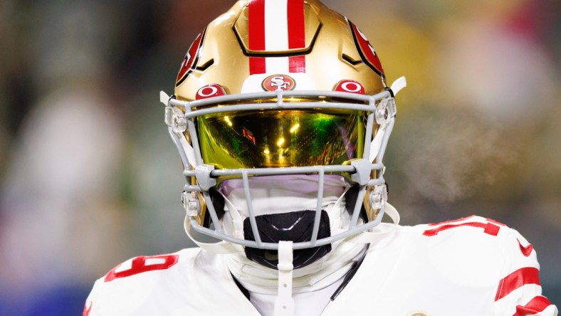 Jan 22, 2022; Green Bay, Wisconsin, USA; San Francisco 49ers wide receiver Deebo Samuel (19) during warmups prior to a NFC Divisional playoff football game against the Green Bay Packers at Lambeau Field. Mandatory Credit: Jeff Hanisch-USA TODAY Sports