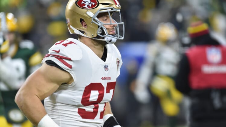 Jan 22, 2022; Green Bay, Wisconsin, USA; San Francisco 49ers defensive end Nick Bosa (97) before the game against the Green Bay Packers in a NFC Divisional playoff football game at Lambeau Field. Mandatory Credit: Jeffrey Becker-USA TODAY Sports