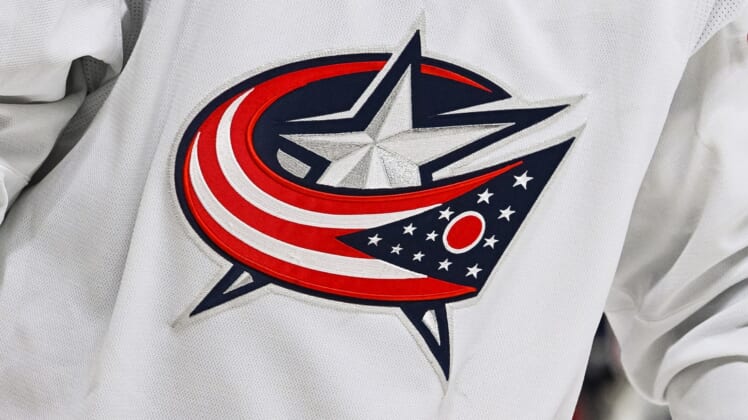 Jan 30, 2022; Montreal, Quebec, CAN; A view of the Columbus Blue Jackets logo worn by a member of the team during the second period at Bell Centre. Mandatory Credit: David Kirouac-USA TODAY Sports