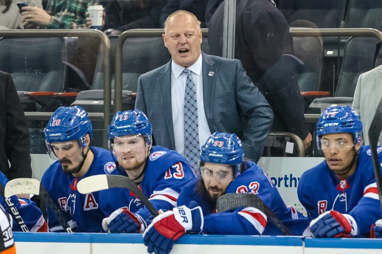 Feb 1, 2022; New York, New York, USA; New York Rangers coach Gerard Gallant reacts after a call during the third period against the Florida Panthers at Madison Square Garden. Mandatory Credit: Vincent Carchietta-USA TODAY Sports