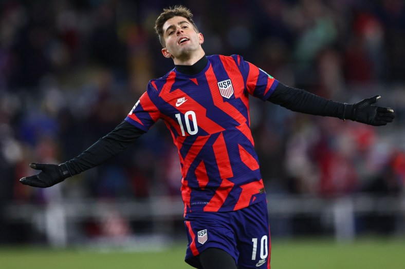 Feb 2, 2022; St. Paul, Minnesota, USA; United States forward Christian Pulisic (10) celebrates after scoring a goal against Honduras during a CONCACAF FIFA World Cup Qualifier soccer match at Allianz Field. Mandatory Credit: Harrison Barden-USA TODAY Sports