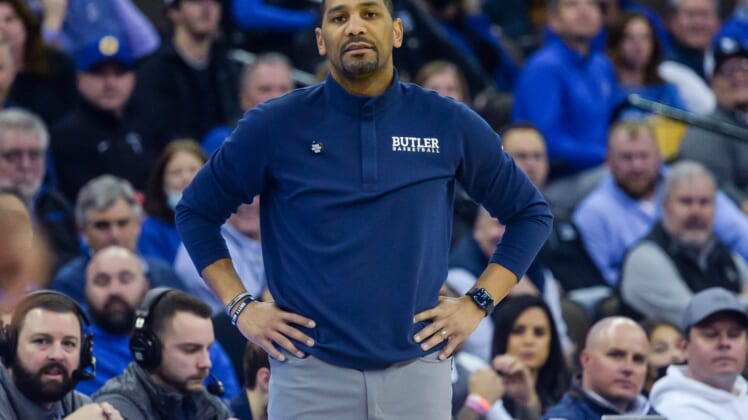 Feb 8, 2022; Omaha, Nebraska, USA;  Butler Bulldogs head coach LaVall Jordan watches action against the Creighton Bluejays in the first half at CHI Health Center Omaha. Mandatory Credit: Steven Branscombe-USA TODAY Sports