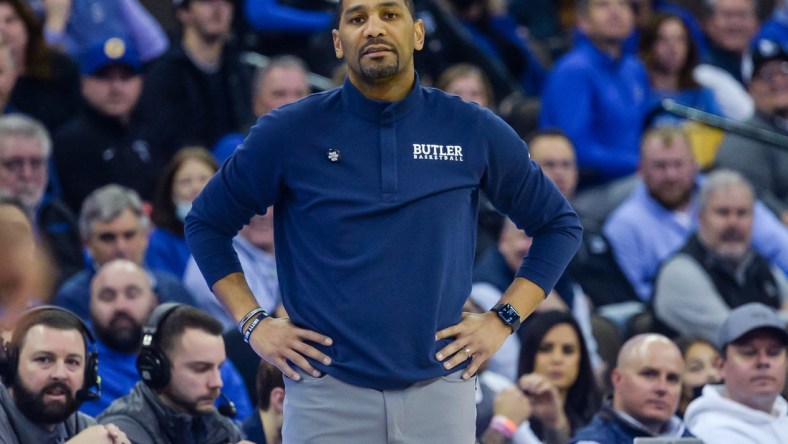 Feb 8, 2022; Omaha, Nebraska, USA;  Butler Bulldogs head coach LaVall Jordan watches action against the Creighton Bluejays in the first half at CHI Health Center Omaha. Mandatory Credit: Steven Branscombe-USA TODAY Sports