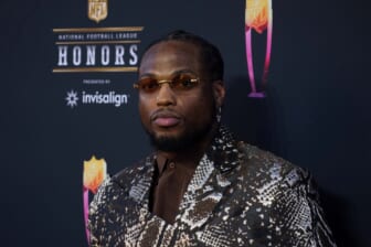 Feb 10, 2022; Los Angeles, CA, USA; Derrick Henry with the Tennessee Titans appears on the red carpet prior to the NFL Honors awards presentation at YouTube Theater. Mandatory Credit: Kirby Lee-USA TODAY Sports