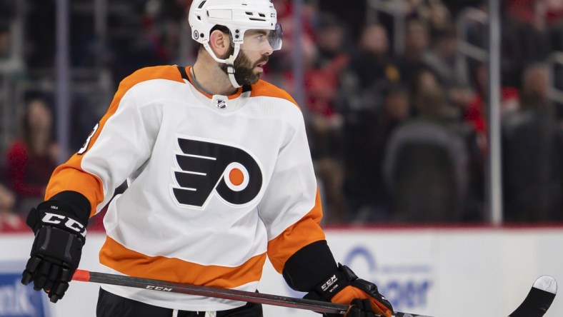 Feb 12, 2022; Detroit, Michigan, USA; Philadelphia Flyers defenseman Keith Yandle (3) looks on during the second period against the Detroit Red Wings at Little Caesars Arena. Mandatory Credit: Raj Mehta-USA TODAY Sports