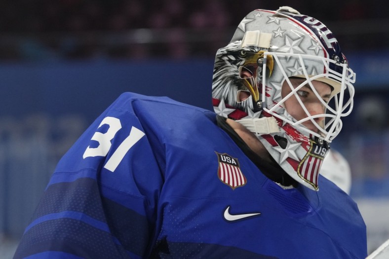 Feb 13, 2022; Beijing, China; Team United States goalkeeper Strauss Mann (31) skates during warmups prior to the game against Team Germany during the Beijing 2022 Olympic Winter Games at Wukesong Sports Centre. Mandatory Credit: George Walker IV-USA TODAY Sports