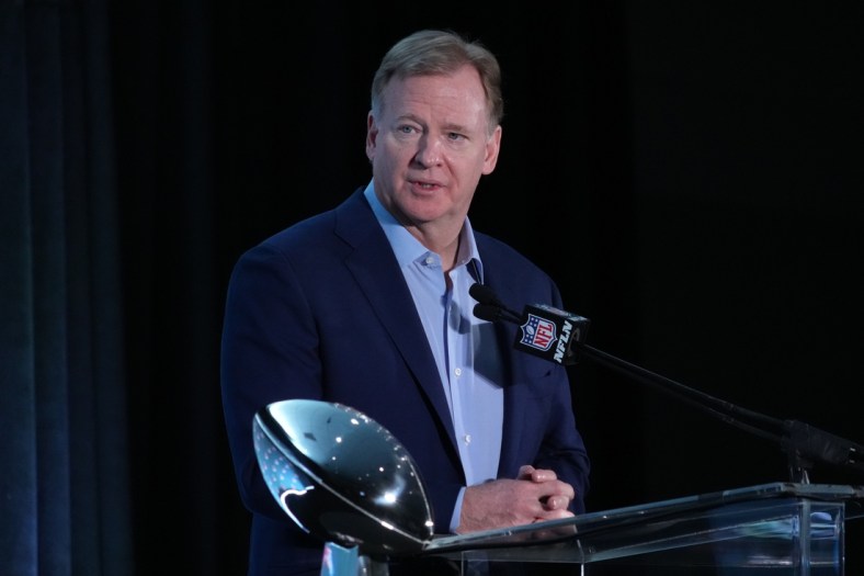 Feb 14, 2022; Los Angeles, CA, USA; NFL commissioner Roger Goodell speaks flanked by Vince Lombardi trophy during Super Bowl LVI winning coach and most valuable player press conference at the Los Angeles Convention Center. Mandatory Credit: Kirby Lee-USA TODAY Sports