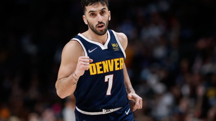 Feb 14, 2022; Denver, Colorado, USA; Denver Nuggets guard Facundo Campazzo (7) gestures after a play in the second quarter against the Orlando Magic at Ball Arena. Mandatory Credit: Isaiah J. Downing-USA TODAY Sports