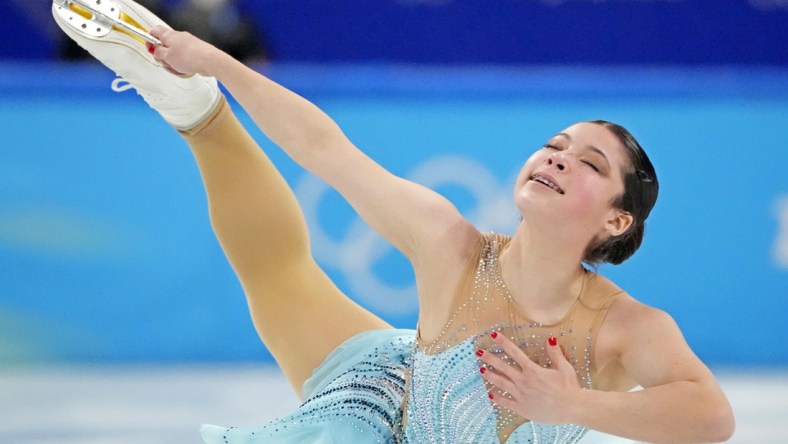 Feb 17, 2022; Beijing, China; Alysa Liu (USA) in the women   s figure skating free program during the Beijing 2022 Olympic Winter Games at Capital Indoor Stadium. Mandatory Credit: Robert Deutsch-USA TODAY Sports