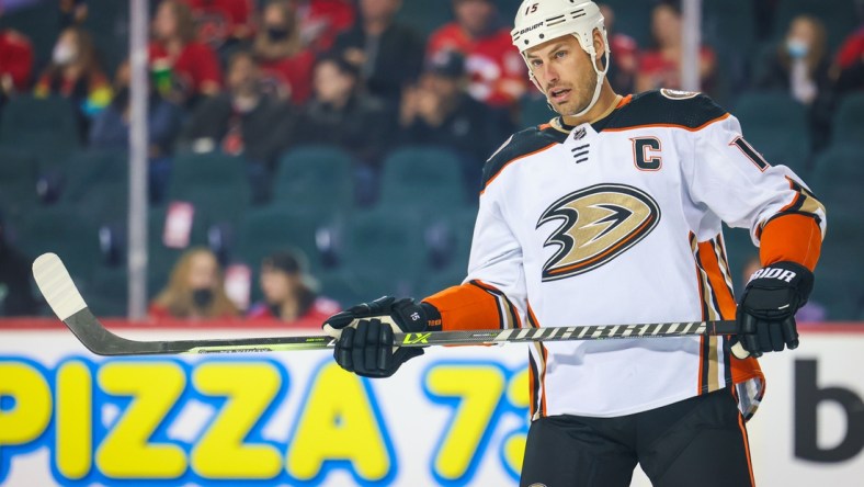 Feb 16, 2022; Calgary, Alberta, CAN; Anaheim Ducks center Ryan Getzlaf (15) during the first period against the Calgary Flames at Scotiabank Saddledome. Mandatory Credit: Sergei Belski-USA TODAY Sports