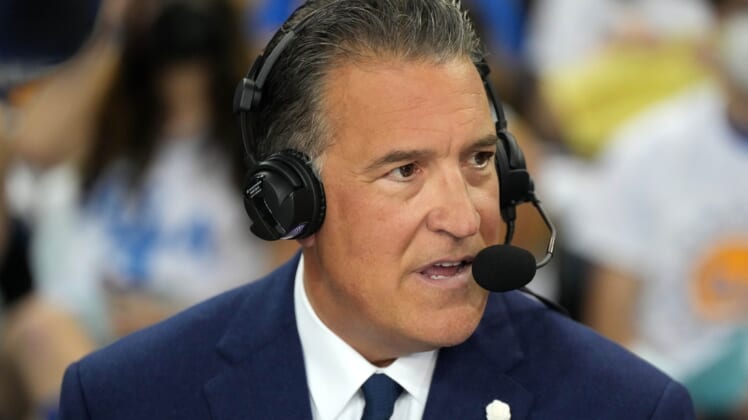 Feb 19, 2022; Los Angeles, California, USA; FS1 analyst Steve Lavin during the game between the UCLA Bruins and the Washington Huskies at Pauley Pavilion presented by Wescom. Mandatory Credit: Kirby Lee-USA TODAY Sports