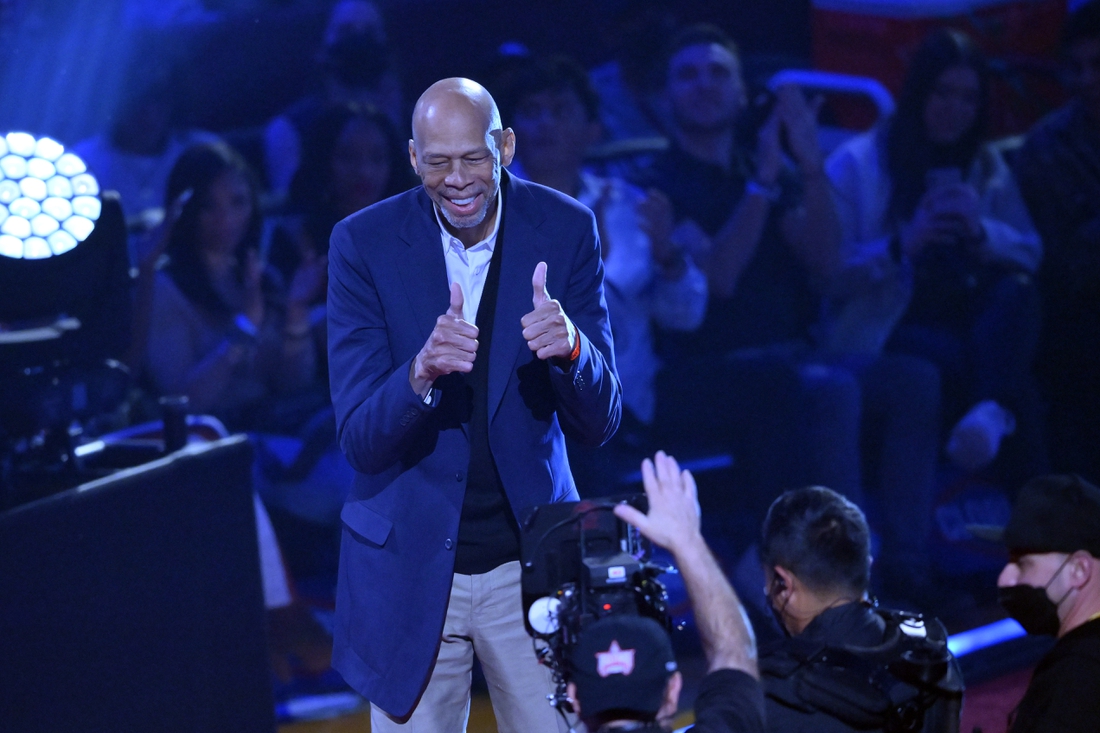 Feb 20, 2022; Cleveland, Ohio, USA; Kareem Abdul-Jabbar is honored during halftime during the 2022 NBA All-Star Game at Rocket Mortgage FieldHouse. Mandatory Credit: David Richard-USA TODAY Sports