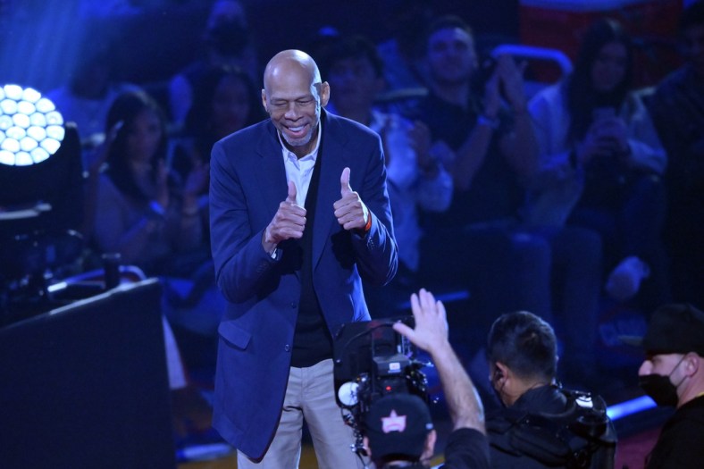 Feb 20, 2022; Cleveland, Ohio, USA; Kareem Abdul-Jabbar is honored during halftime during the 2022 NBA All-Star Game at Rocket Mortgage FieldHouse. Mandatory Credit: David Richard-USA TODAY Sports