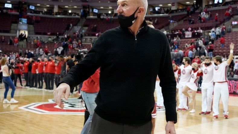 Thad Matta, who coached the Ohio State Buckeyes from 2004 to 2017, leaves the floor after attending Monday's NCAA Division I basketball game agaisnt the Indiana Hoosiers at Value City Arena in Columbus, Oh., on February 21, 2022. The Buckeyes won the game 80-69 in overtime.

Ceb Osumbk 0220 Bjp 31