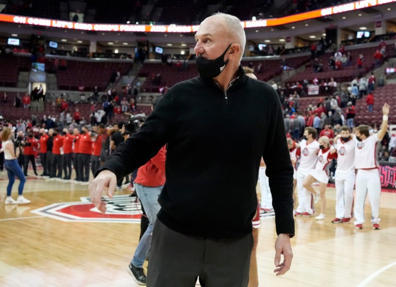 Thad Matta, who coached the Ohio State Buckeyes from 2004 to 2017, leaves the floor after attending Monday's NCAA Division I basketball game agaisnt the Indiana Hoosiers at Value City Arena in Columbus, Oh., on February 21, 2022. The Buckeyes won the game 80-69 in overtime.

Ceb Osumbk 0220 Bjp 31