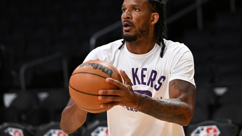 Feb 25, 2022; Los Angeles, California, USA;  Los Angeles Lakers forward Trevor Ariza (1) warms up before the game against the Los Angeles Clippers at Crypto.com Arena. Mandatory Credit: Jayne Kamin-Oncea-USA TODAY Sports