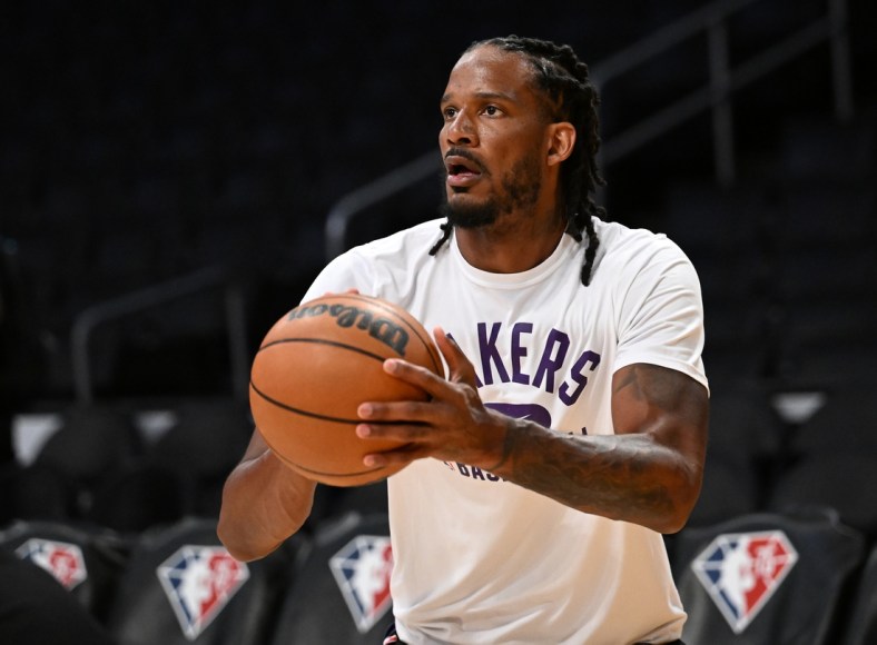 Feb 25, 2022; Los Angeles, California, USA;  Los Angeles Lakers forward Trevor Ariza (1) warms up before the game against the Los Angeles Clippers at Crypto.com Arena. Mandatory Credit: Jayne Kamin-Oncea-USA TODAY Sports