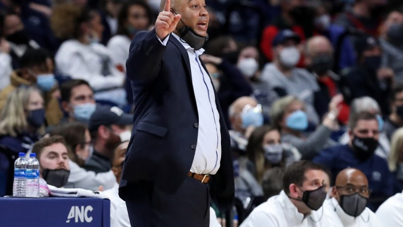 Feb 25, 2022; University Park, Pennsylvania, USA; Penn State Nittany Lions head coach Micah Shrewsberry gestures from the bench during the first half against the Northwestern Wildcats at Bryce Jordan Center. Penn State defeated Northwestern 67-60. Mandatory Credit: Matthew OHaren-USA TODAY Sports