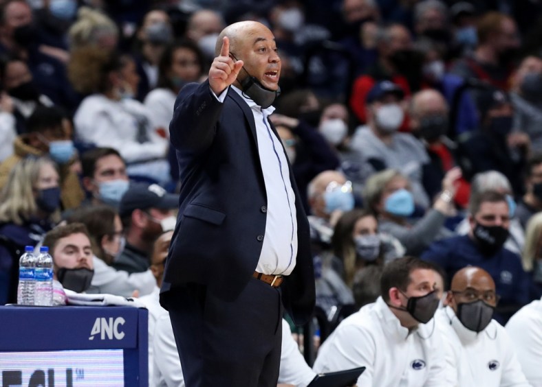 Feb 25, 2022; University Park, Pennsylvania, USA; Penn State Nittany Lions head coach Micah Shrewsberry gestures from the bench during the first half against the Northwestern Wildcats at Bryce Jordan Center. Penn State defeated Northwestern 67-60. Mandatory Credit: Matthew OHaren-USA TODAY Sports