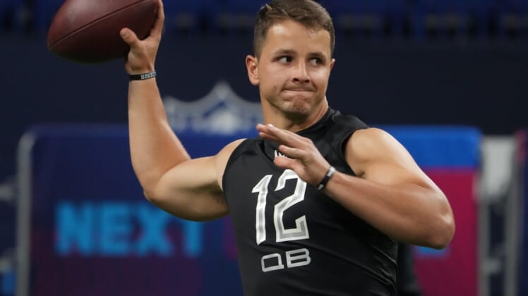 Mar 3, 2022; Indianapolis, IN, USA; Iowa State quarterback Brock Purdy (QB12) goes through drills during the 2022 NFL Scouting Combine at Lucas Oil Stadium. Mandatory Credit: Kirby Lee-USA TODAY Sports