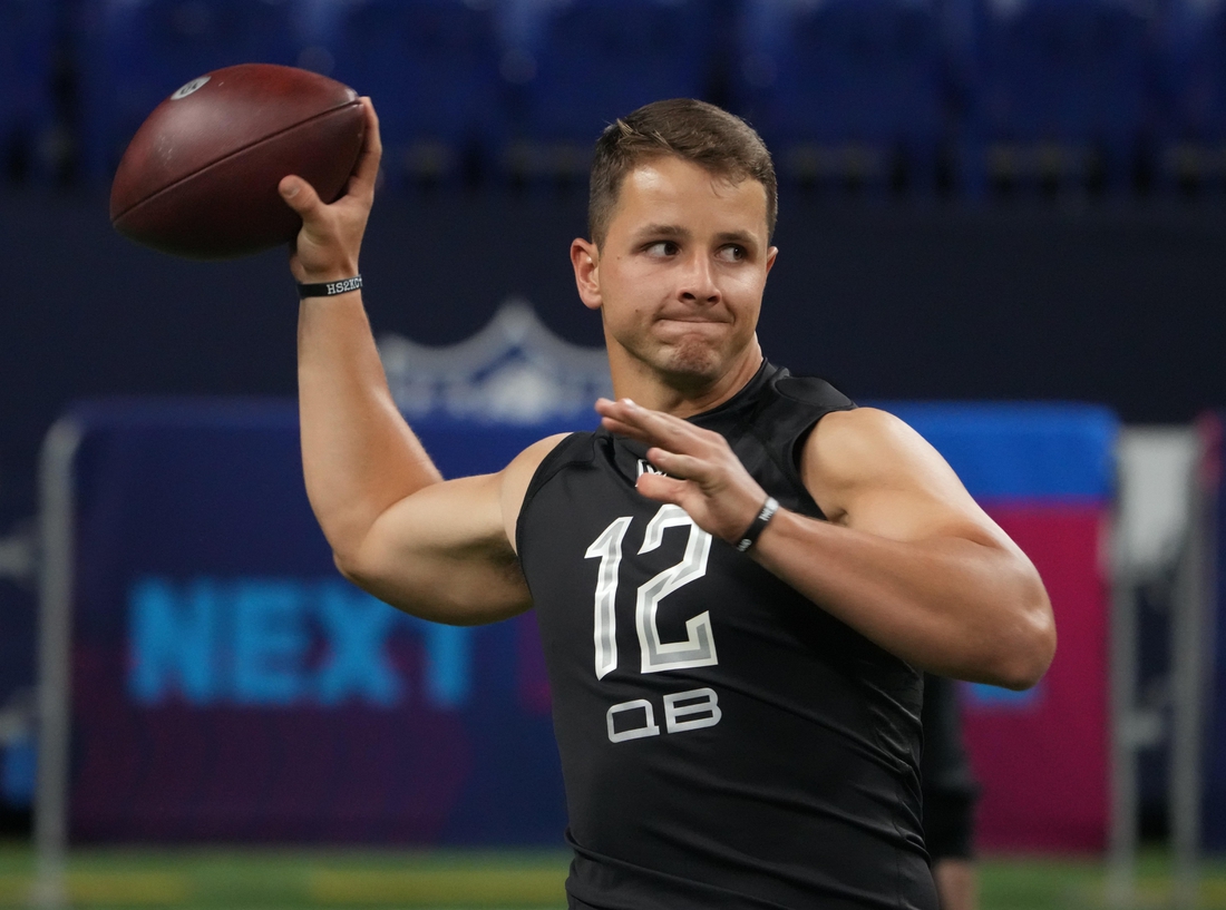 Mar 3, 2022; Indianapolis, IN, USA; Iowa State quarterback Brock Purdy (QB12) goes through drills during the 2022 NFL Scouting Combine at Lucas Oil Stadium. Mandatory Credit: Kirby Lee-USA TODAY Sports