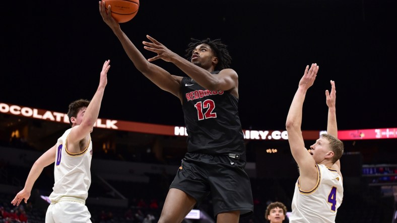 Mar 4, 2022; St. Louis, MO, USA;  Illinois State Redbirds guard Antonio Reeves (12) drives to the basket against the Northern Iowa Panthers during the second half in the quarterfinals round of the Missouri Valley Conference Tournament at Enterprise Center. Mandatory Credit: Jeff Curry-USA TODAY Sports