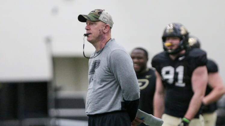 Purdue head coach Jeff Brohm during a practice, Friday, March 4, 2022 at Mollenkopf Athletic Center in West Lafayette.Pfoot Practice March 4