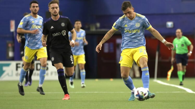 Mar 5, 2022; Montreal, Quebec, CAN; Philadelphia Union defender Kai Wagner (27) plays the ball against CF Montr  al during the first half at Olympic Stadium. Mandatory Credit: Jean-Yves Ahern-USA TODAY Sports