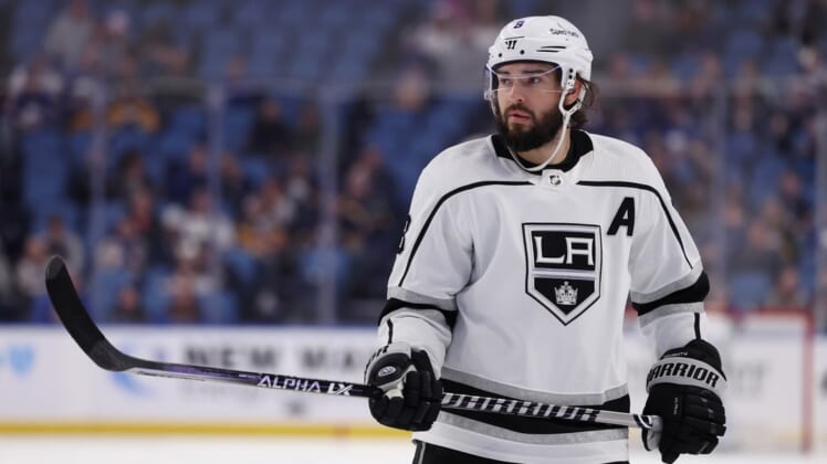 Mar 6, 2022; Buffalo, New York, USA;  Los Angeles Kings defenseman Drew Doughty (8) before a face-off during the third period against the Buffalo Sabres at KeyBank Center. Mandatory Credit: Timothy T. Ludwig-USA TODAY Sports